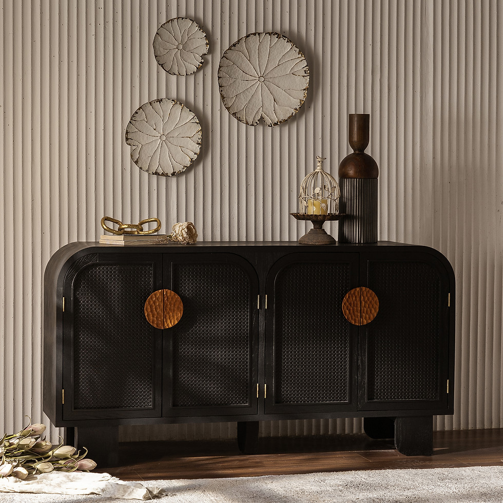 Thumbnail: Modern Black Storage Cabinet with Woven Rattan Decorative Doors