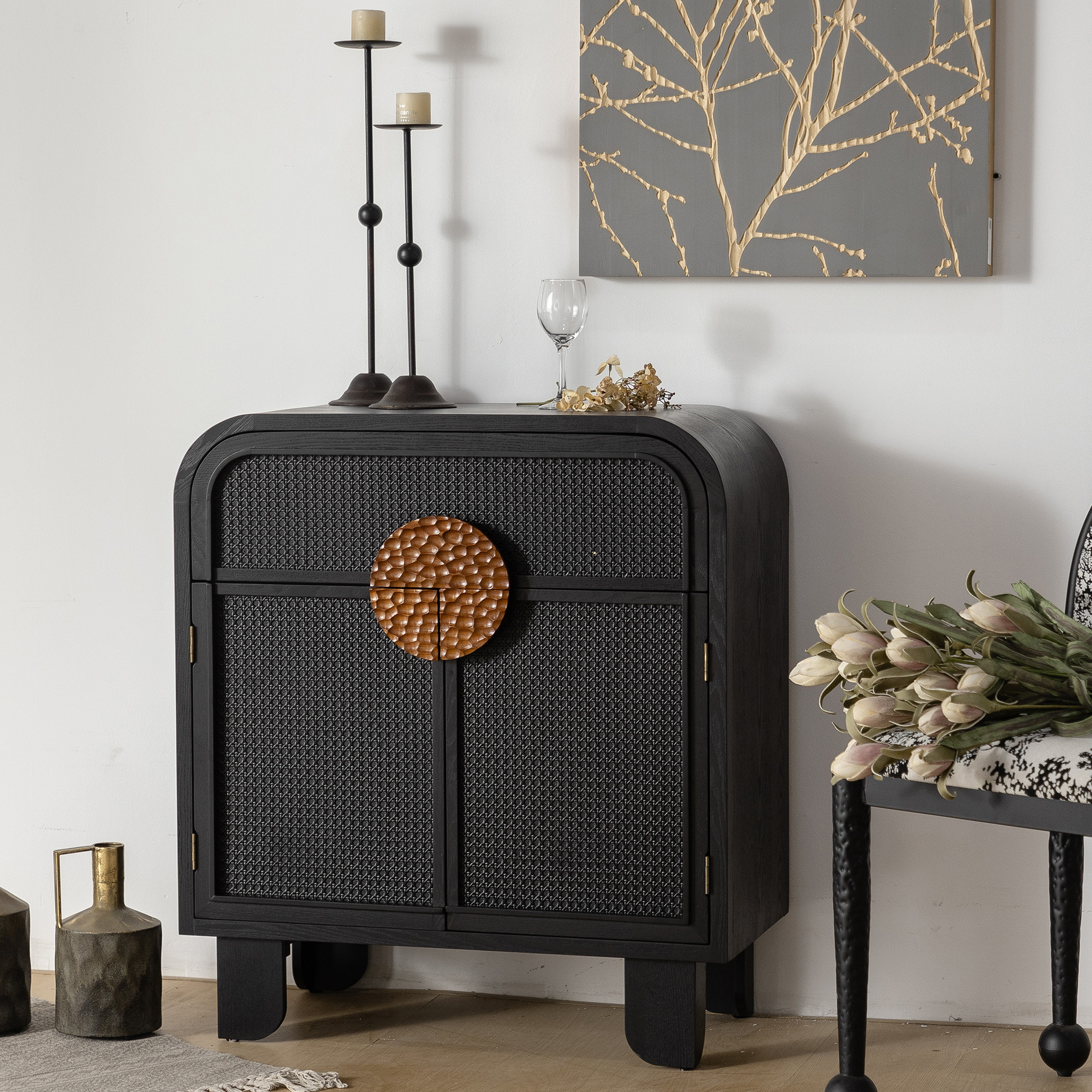 Modern Black Storage Cabinet with Woven Rattan Doors and Decorative Hammered Han