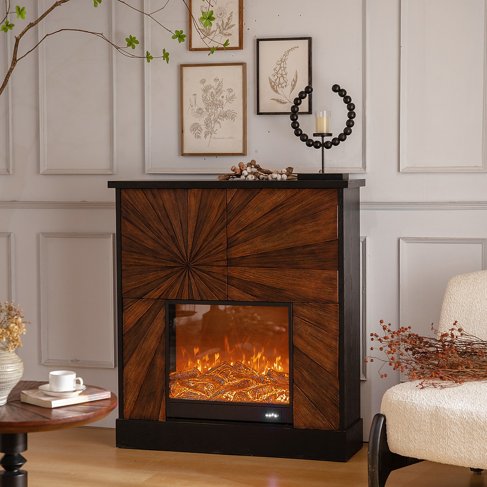 Thumbnail: Modern Black and Wood Storage Cabinet with Built-In Electric Fireplace