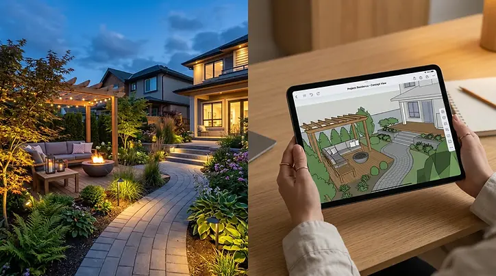 Completed garden project shown alongside the SketchUp for iPad 3D visualisation produced d