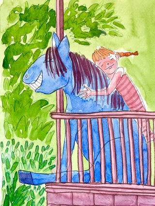 Pippi Langstrumpf, Pippi Longstocking, children illustration, horse, girl, watercolor children illustration