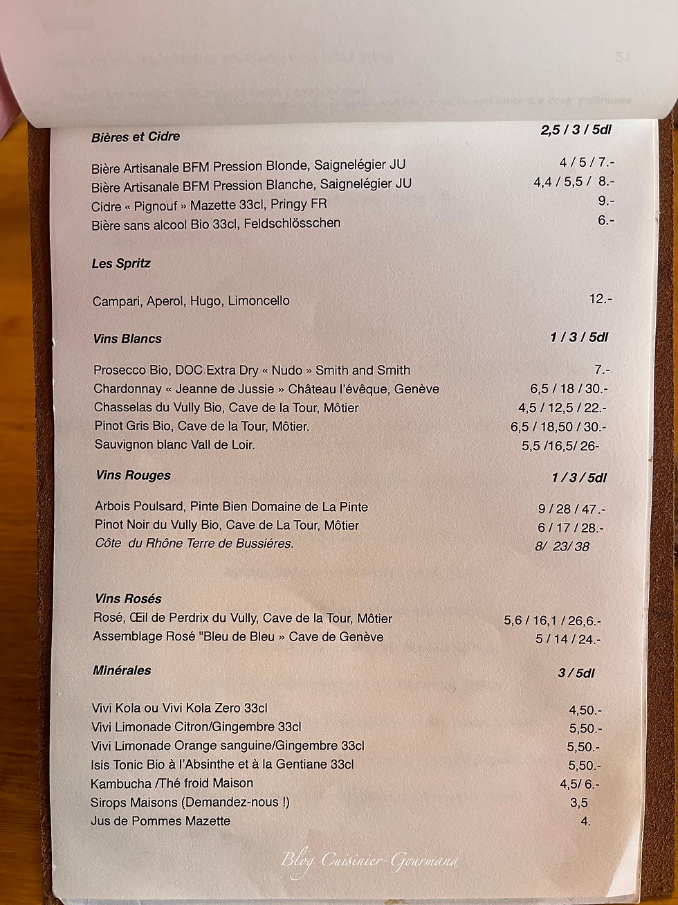 La carte des boissons.