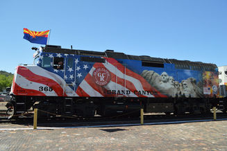 Grand Canyon Railroad's engine #365 with it's America 250th anniversary commemorative paint theme