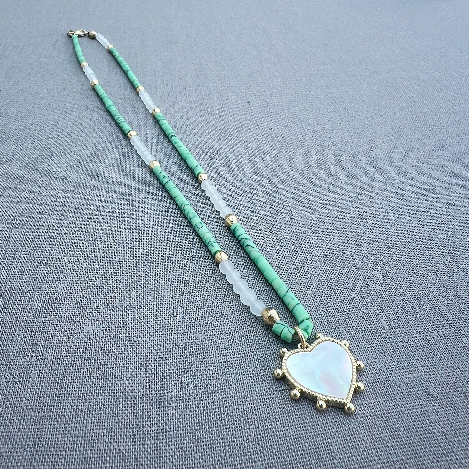 Green Turquoise & Mother of Pearl Heart Necklace
