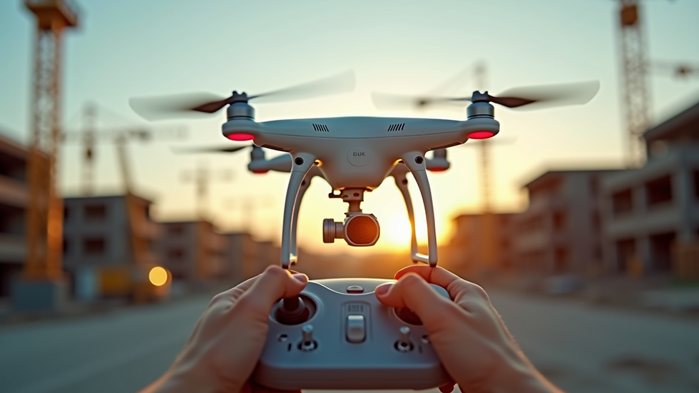 Eye-level view of a drone controller operating a drone over a construction site