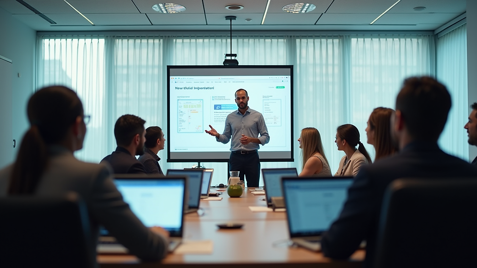 Eye-level view of a conference room with a project leader presenting a Workday implementation plan