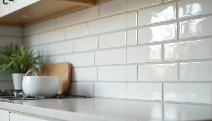 High angle view of a sealed kitchen backsplash with grout lines in a Los Angeles kitchen