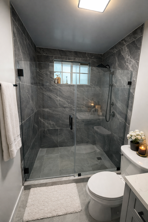 Luxury walk-in shower with frameless glass enclosure
