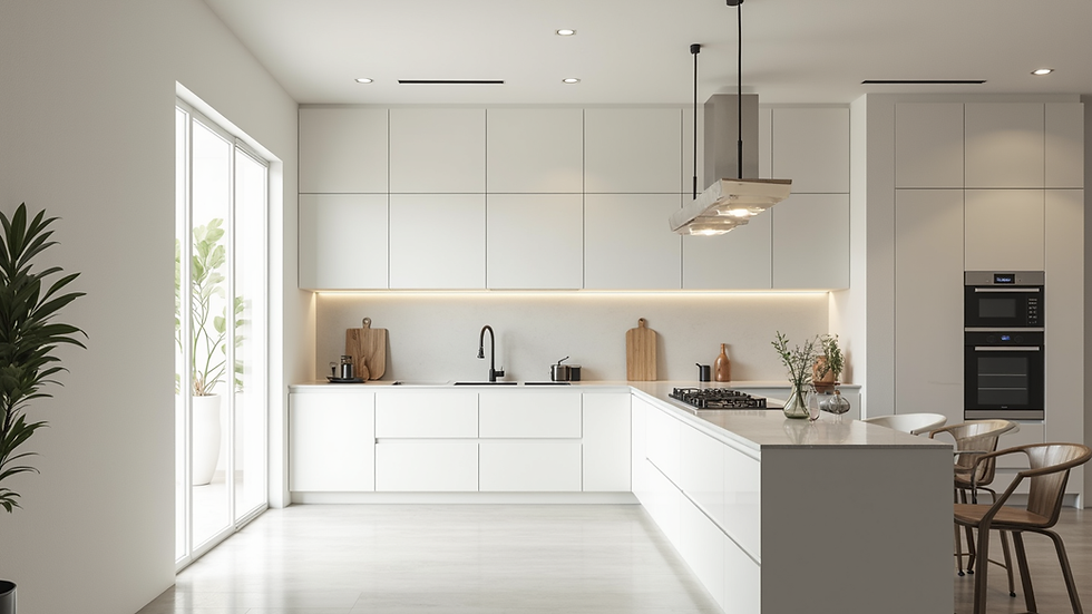 Eye-level view of a modern Los Angeles kitchen with natural light and sleek cabinetry