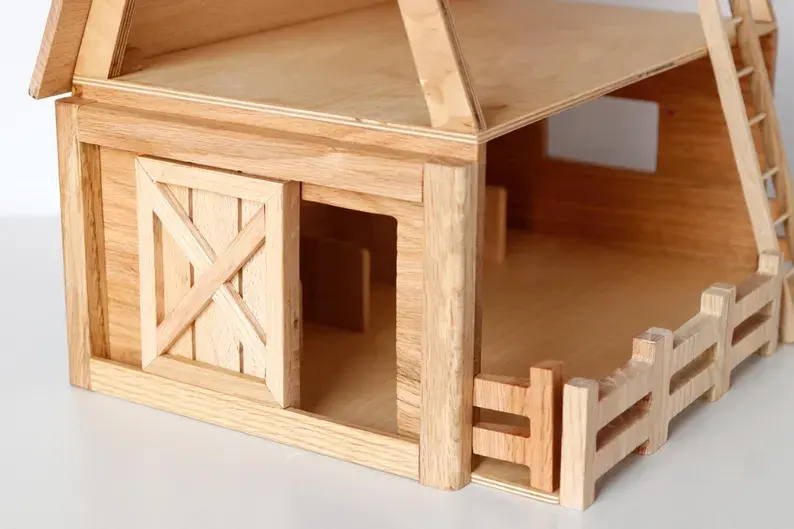 Thumbnail: Handmade Wooden Toy Barn with Farm Animals – Montessori Farmhouse Playset for Ki