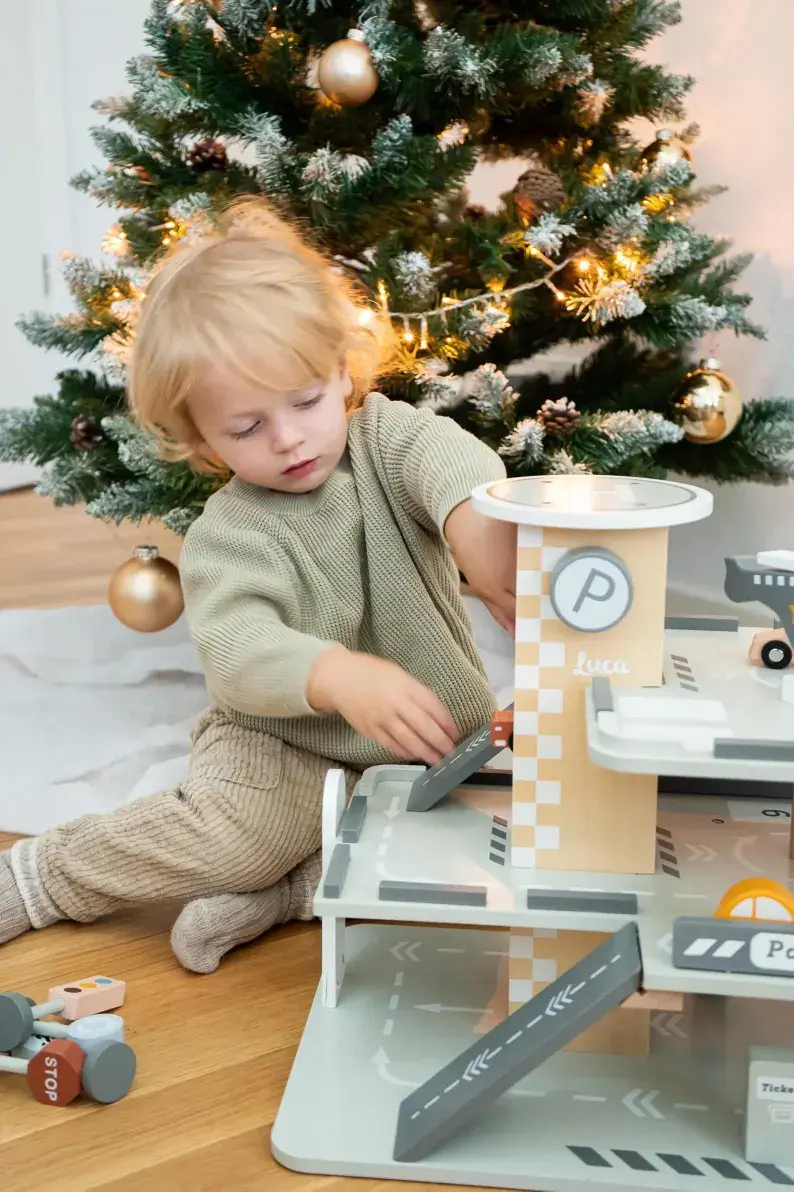 Thumbnail: Wooden Parking Garage Toy with Cars and Helicopter – Multi-Level Car Park 