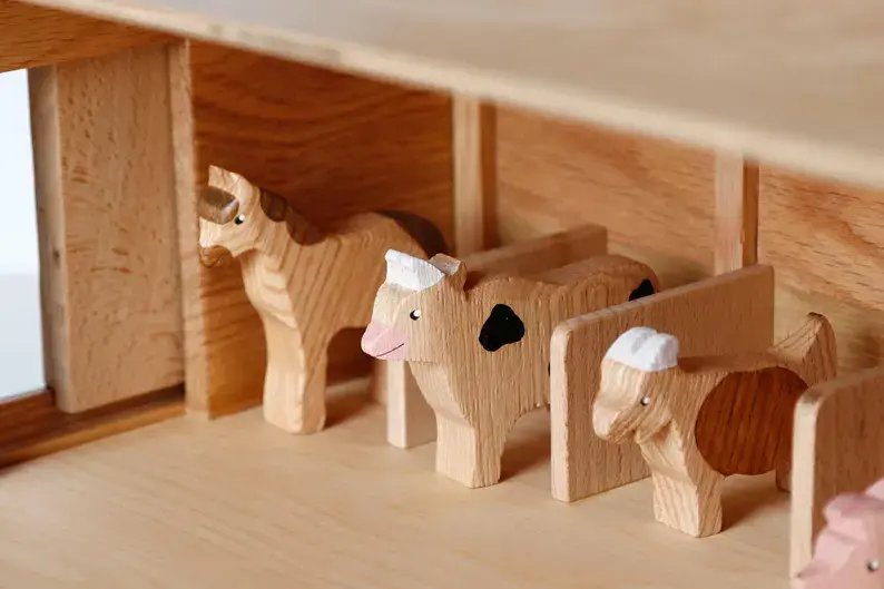 Thumbnail: Handmade Wooden Toy Barn with Farm Animals – Montessori Farmhouse Playset for Ki