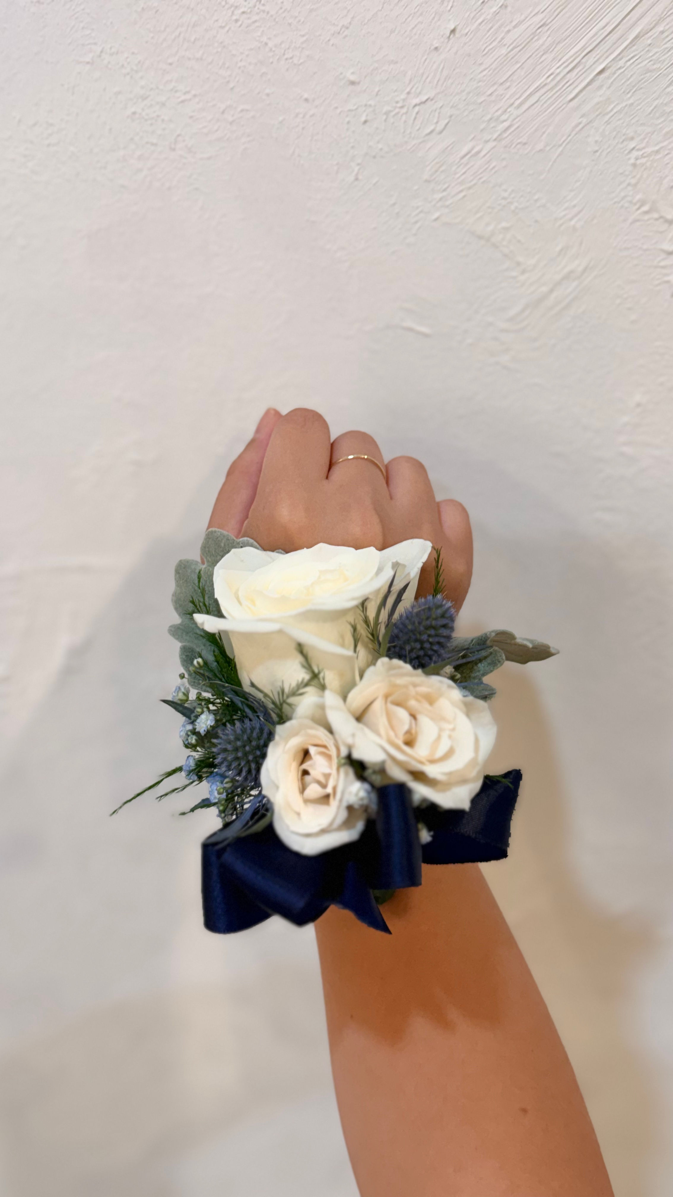 Blue and White Corsages