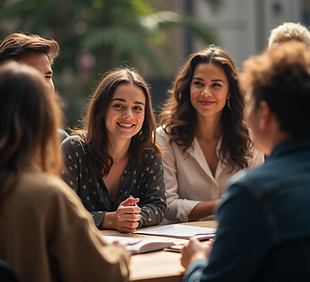 A-group-of-diverse-actors-are-smiling-and-collaborating-on-a-film-set.-The-atmosphere-is-v