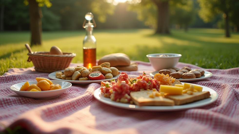 Eye-level view of a picnic setup with colorful blankets and food spread