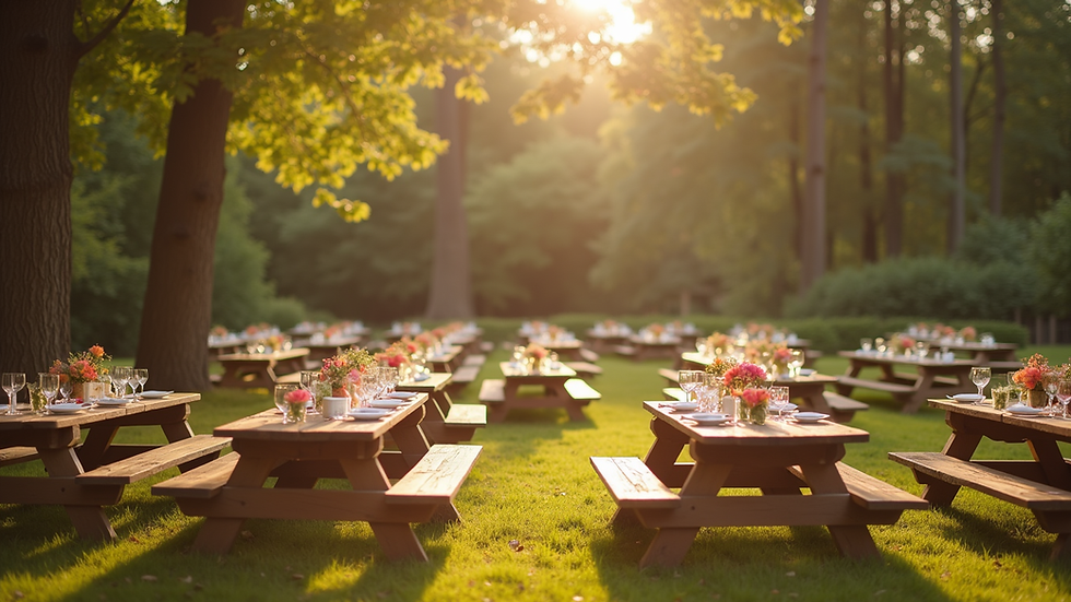 Eye-level view of a family gathering setup with picnic tables and decorations