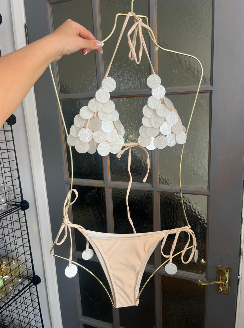 Thumbnail: Cream White Marble Shell Bikini Tie Brazilian Bum