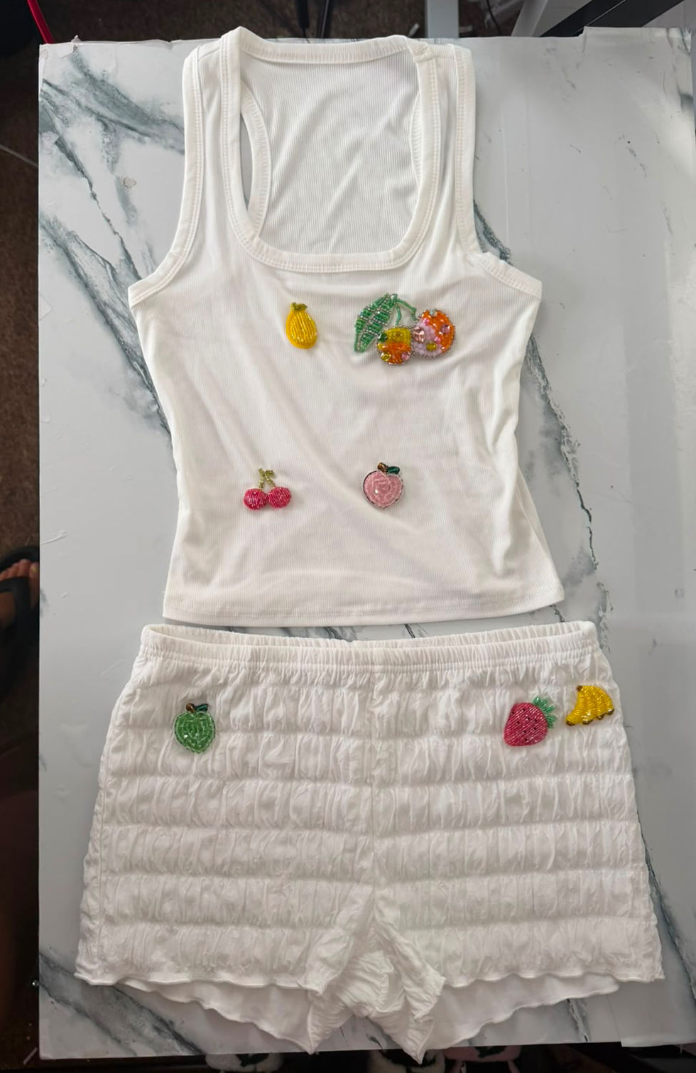 Thumbnail: FRUITY IBIZA - Hand Beaded Sequin Patch Ibiza Vest Ribbed and Mini Shorts Set