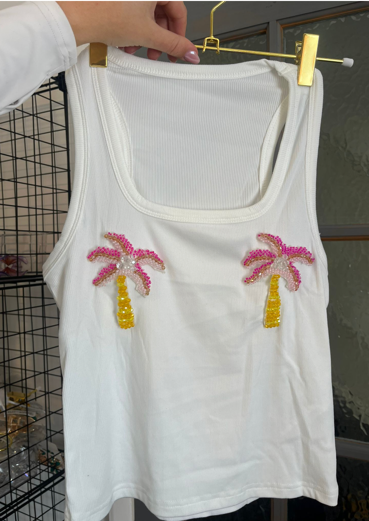 Pink Palm Trees - Hand Beaded Sequin Patch Ibiza White Vest Ribbed Top