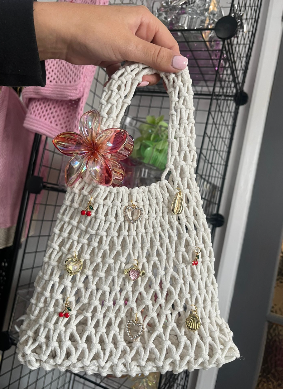 Thumbnail: Ibiza Heart Cherry - White Crochet Handmade Beach / Festival Bag