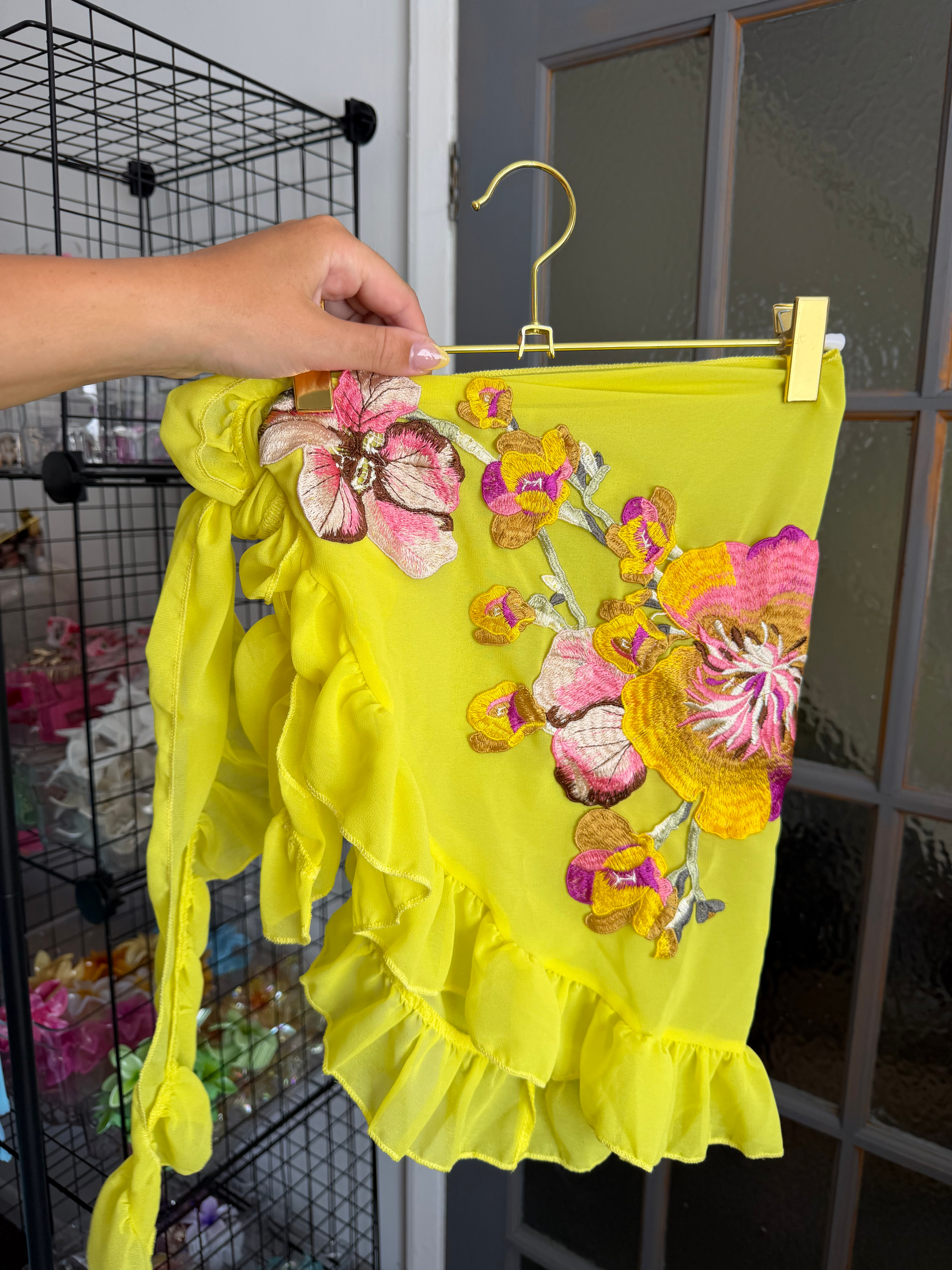 Yellow Flower Ibiza Whimsical Handmade Sarong Tie Ruffle Sarong