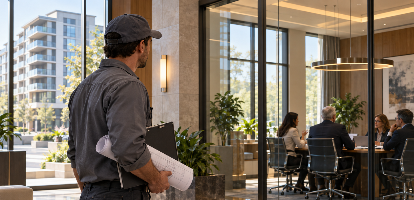 Contractor waiting outside a condominium board meeting with construction plans