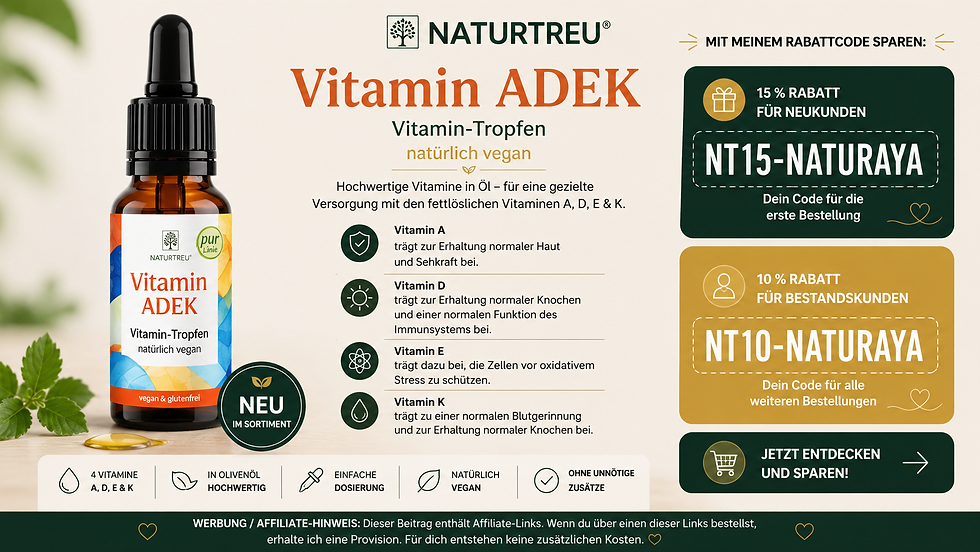 NATURTREU Vitamin ADEK Tropfen mit den fettlöslichen Vitaminen A, D, E und K sowie den Naturaya Rabattcodes NT15-NATURAYA für Neukunden und NT10-NATURAYA für Bestandskunden.