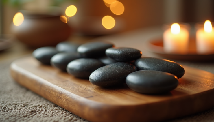 Eye-level view of warm massage stones arranged on a wooden tray