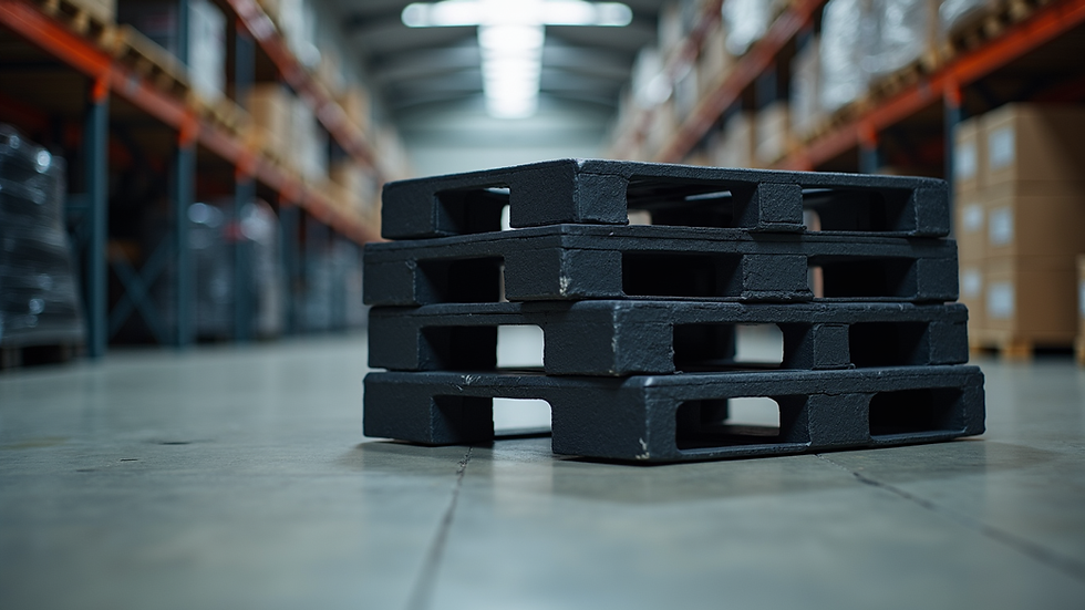 Eye-level view of a stack of durable recycled plastic pallets in a warehouse