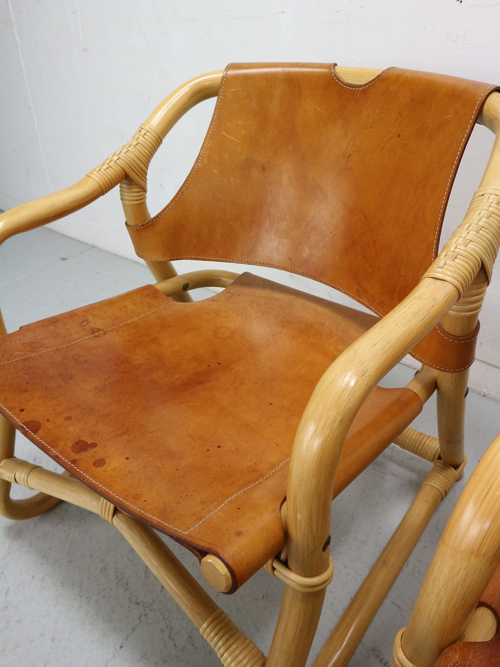 Thumbnail: Danish Modern "Manilla" Lounge Chairs + table, Bamboo and Saddle Leather, 1960's