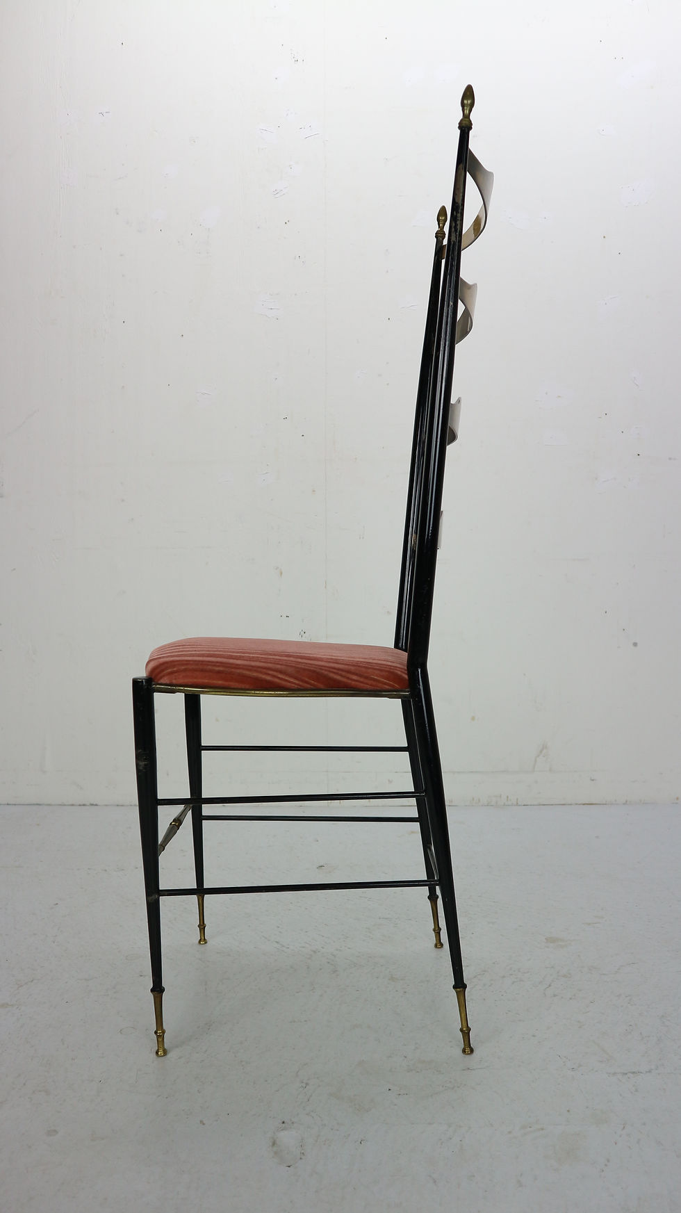 Thumbnail: Midcentury Brass and Velvet Tall Ladder Back Side Chair by Chiavari, 1950s Italy
