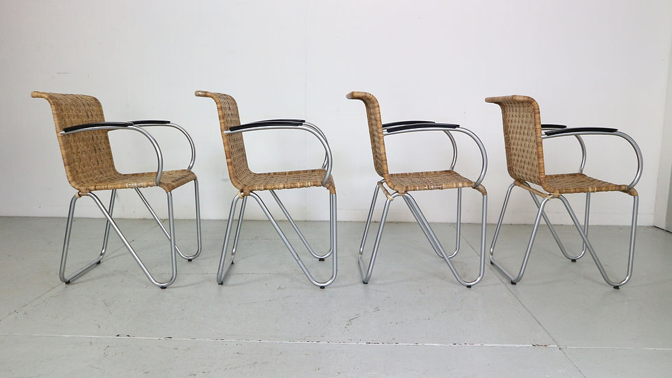 Thumbnail: Gispen Set Of 4 Diagonal Wicker& Tube Frame Armchairs, 1930's Dutch Design