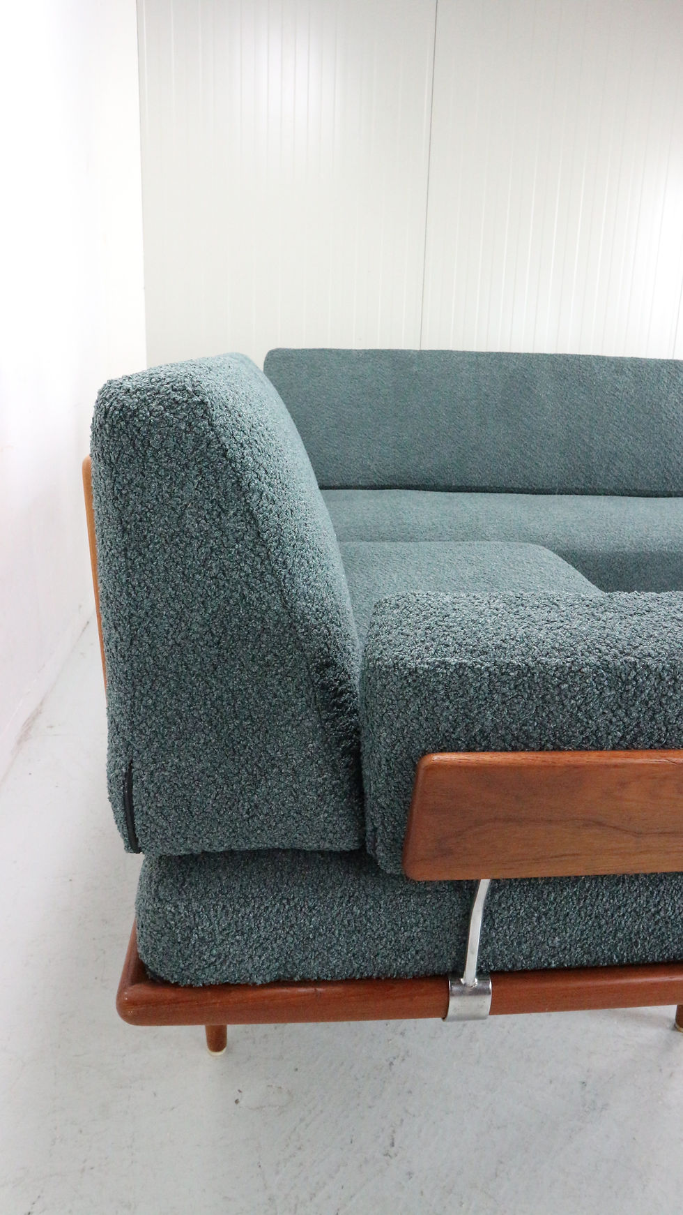 Thumbnail: 5 seat sofa "MINERVA" by Peter Hvidt and Olga Molgaard Nielsen in petrol bouclé
