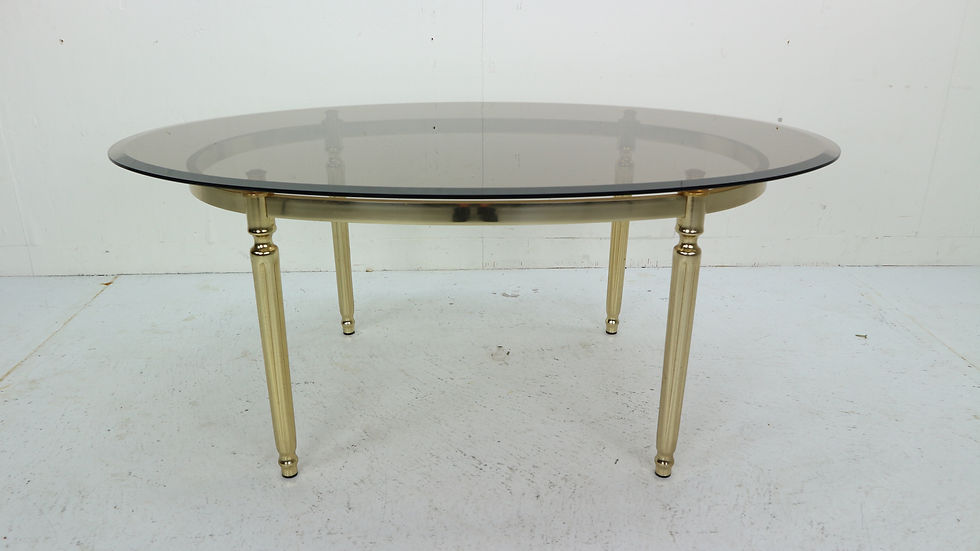 Thumbnail: French Hollywood Regency Smoked Glass and Brass Oval Cocktail Table, 1970s