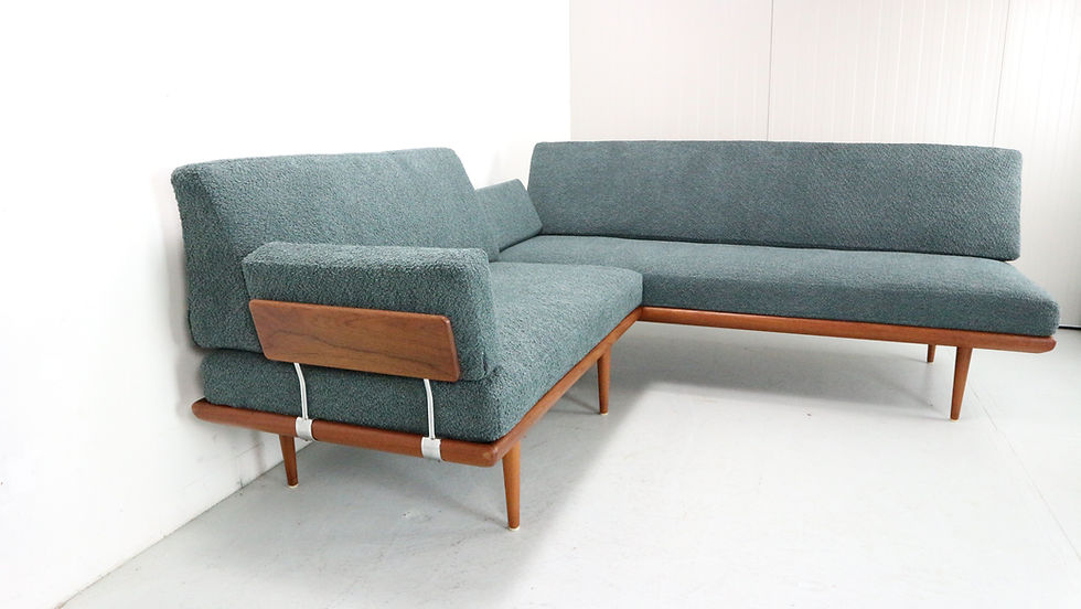Thumbnail: 5 seat sofa "MINERVA" by Peter Hvidt and Olga Molgaard Nielsen in petrol bouclé