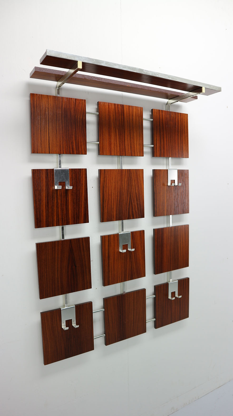 Thumbnail: Vintage Modern Design Rosewood and Chrome Wall Mounted Coat, Hat Rack, 1960s