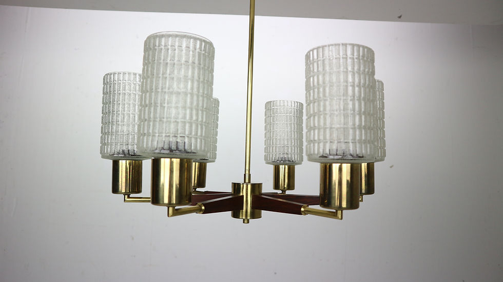 Thumbnail: Danish Mid-Century Modern Chandelier in Teak, Brass, Cut Glass, 1960s