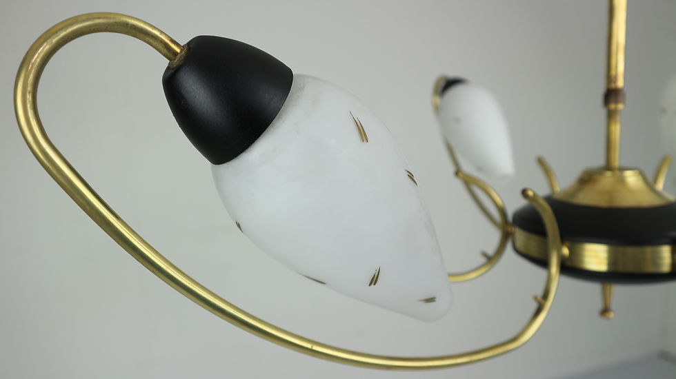 Thumbnail: Brass and Black Enamel French Chandelier with Opal Glass, 1950