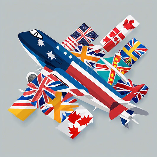 An airplane covered with flags of Australia, Canada, US, UK, Ireland, and Germany