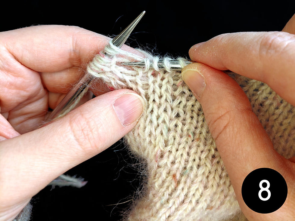 Step 8. Insert the needle tip into the large hole under the yarnover strands from Rows 1 and 2.