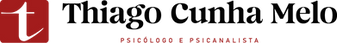 Logotipo do Thiago Cunha Melo que contém seu nome, um ícone com a letra "T" e as descrições "psicólogo e psicanalista".