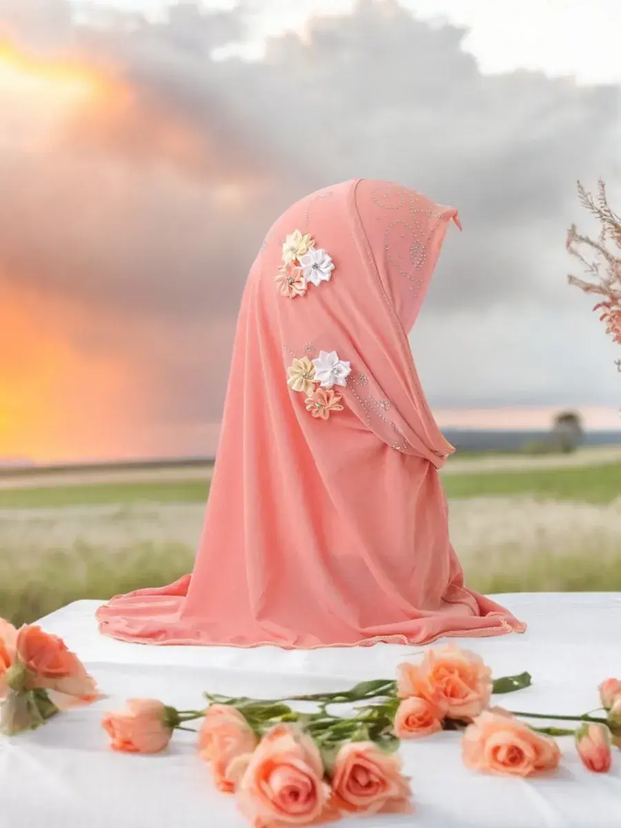 View of pink hijab with beading and flowers