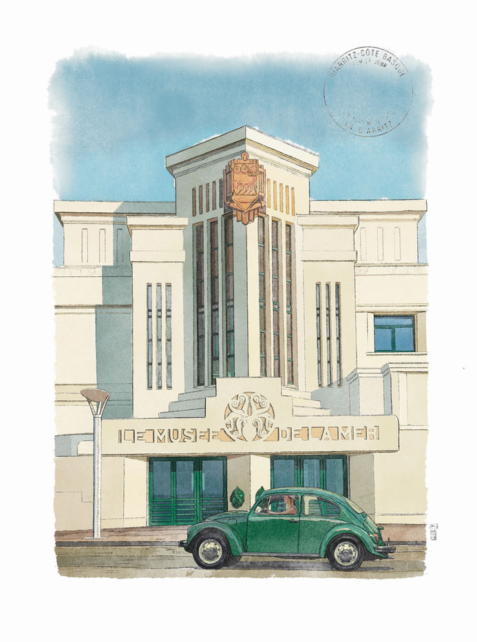 "Découvrez l'atmosphère de Biarritz à travers cette aquarelle captivante. Une jeune vacancière flâne avec insouciance le long des rues, conduisant une coccinelle vintage d'un vert éclatant. En toile de fond, le prestigieux musée de la mer, véritable joyau Art Déco, se dresse majestueusement, évoquant l'histoire maritime de la région. Plongez dans cette scène artistique qui capture l'essence même de Biarritz, entre modernité rétro et beauté océanique."