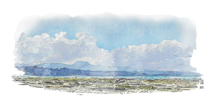 Découvrez la beauté de la côte basque à travers cette aquarelle captivante de la plage d'Ilbarritz, avec les montagnes bleues des "3 couronnes" en arrière-plan. Plongez dans l'atmosphère paisible de ce paysage côtier, où le ciel nuageux ajoute une touche de mystère. Parfait pour les amateurs de paysages marins, cette œuvre est une invitation à l'évasion et à la contemplation.