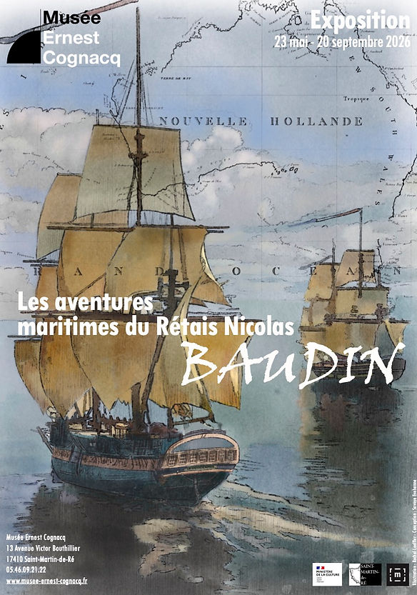 Affiche de l’exposition Les aventures maritimes du Rétais Nicolas Baudin au musée Ernest Cognacq à Saint-Martin-de-Ré, illustrée par les aquarelles de Rachel Loeffler pour le livre Une odyssée naturaliste – Les fabuleux voyages de Nicolas Baudin de François Bernard.