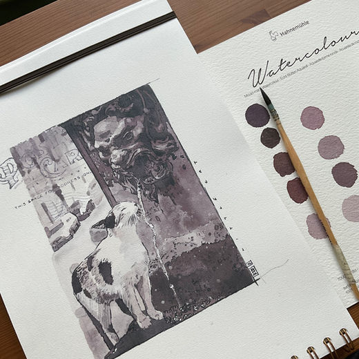 Watercolor illustration and drawing depicting a cat drinking water from a fountain that has a lion's head. extract from watercolor travel notebook, Paris city