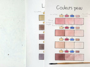 Mélanges de beige et de couleurs chair à l’aquarelle réalisés à partir de trois couleurs, avec variations de valeurs pour le paysage et le portrait.