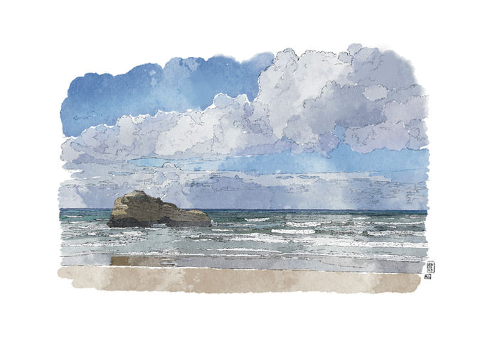 Aquarelle représentant la plage du Miramar à Biarritz, au pays Basque, France. Sous un ciel bleu et nuageux , cette aquarelle offre une vue superbe sur l'océan Atlantique. Cette plage est connue pour ses roches percées, des formations rocheuses caractéristiques de Biarritz. Une escapade en aquarelle pour profiter de la beauté naturelle du Pays Basque.