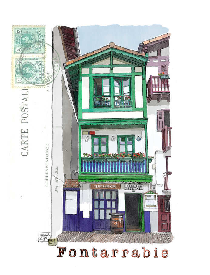 Aquarelle et illustration de maisons basques de couleur verte, bleu , blanche et rouge à Fontarrabie ou Hondarribia ,restaurant et bar Taberna Txantxandorri extrait carnet de voyage pays basque espagnol.