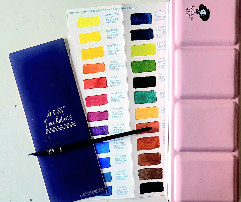 Tests de mélanges de couleurs réalisés avec les aquarelles Paul Rubens pour observer le rendu et la texture.